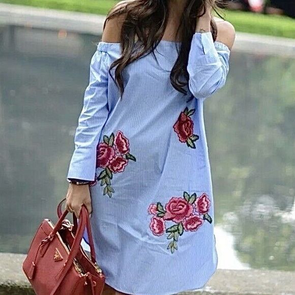 ZARA Dress Embroidered Off Shoulder Poplin Mini Dress • BLOGGER FAVORITE • - Picture 6 of 12